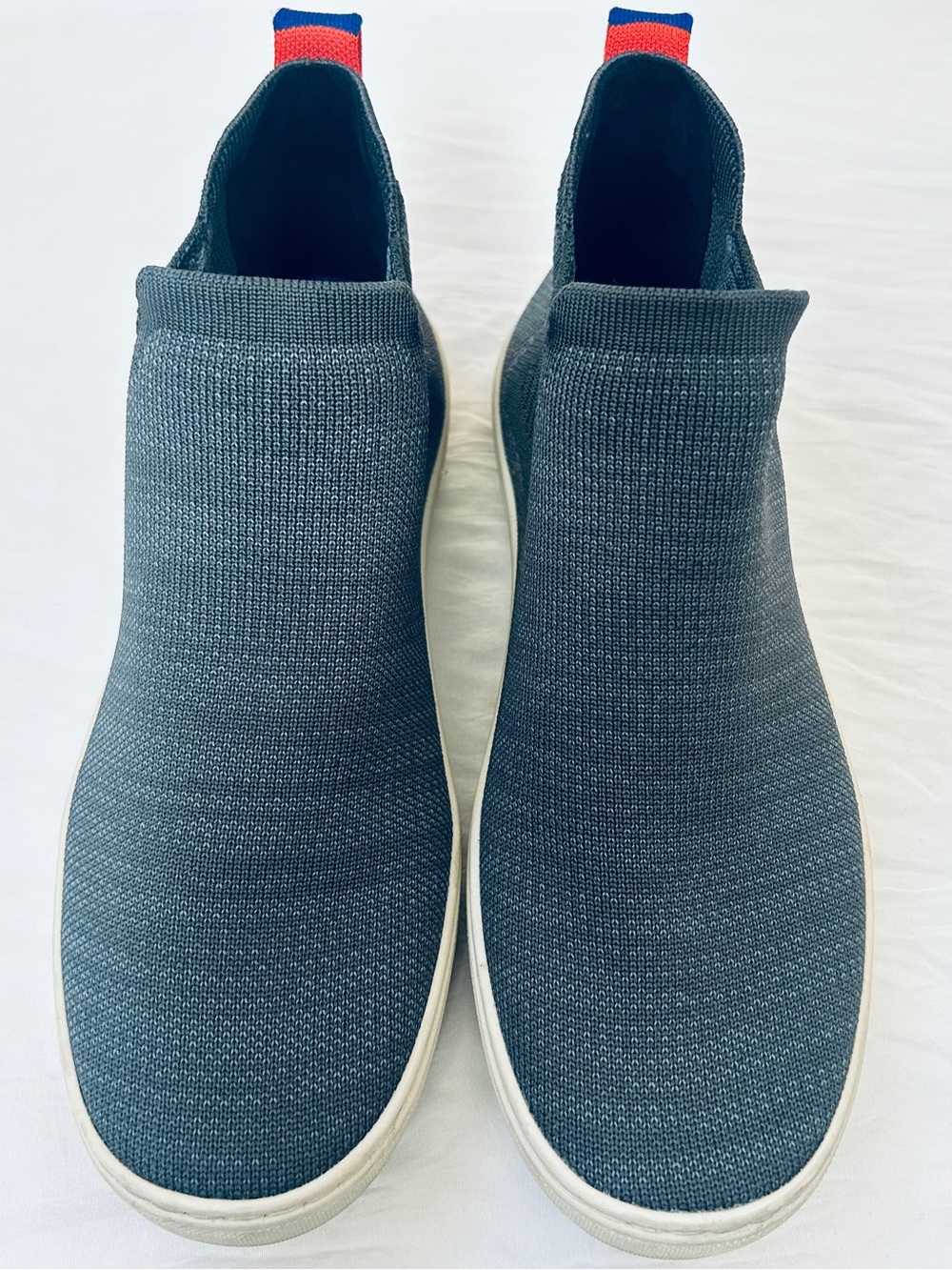 Rothy's Women’s Slip-On Knit High Tops in Dark Gray with Red Pull Tabs